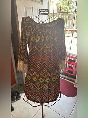 WinWin Boho Off-Shoulder Dress in Mustard, Olive & Rust